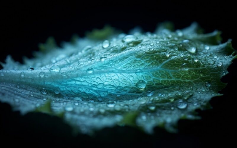 Cyclospora outbreak shown by a backlit iceberg lettuce leaf with water droplets under cold clinical blue light