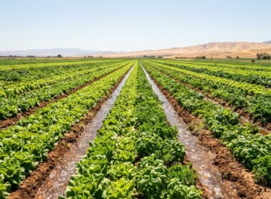 Cyclospora outbreak concept, sunlit rows of leafy greens stretching to a golden horizon