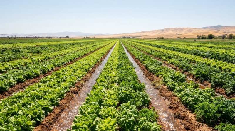 Cyclospora outbreak concept, sunlit rows of leafy greens stretching to a golden horizon