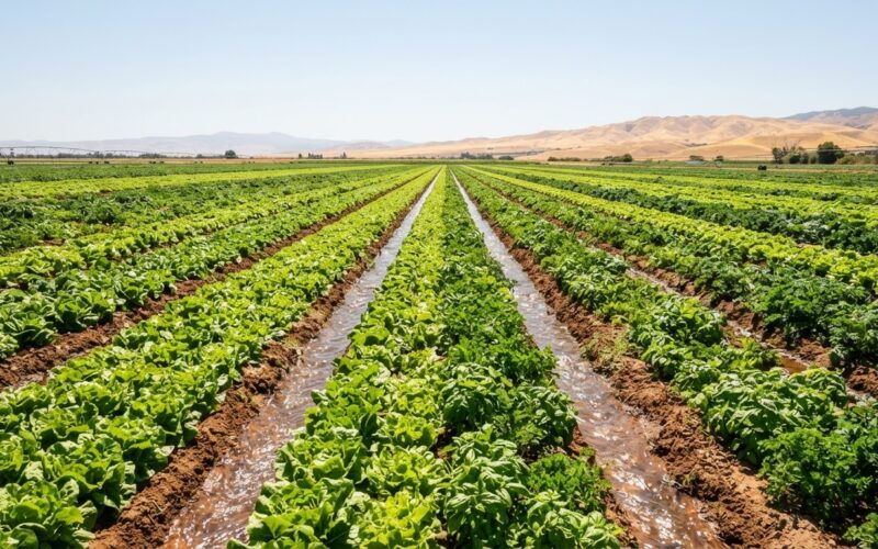 Cyclospora outbreak concept, sunlit rows of leafy greens stretching to a golden horizon