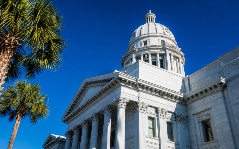 South Carolina Senate runoff, white capitol dome and palmettos against a vivid blue sky