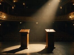 Darline Graham Taiwan debate represented by an empty opera house stage with two lecterns under a single spotlight