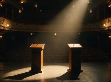 Darline Graham Taiwan debate represented by an empty opera house stage with two lecterns under a single spotlight