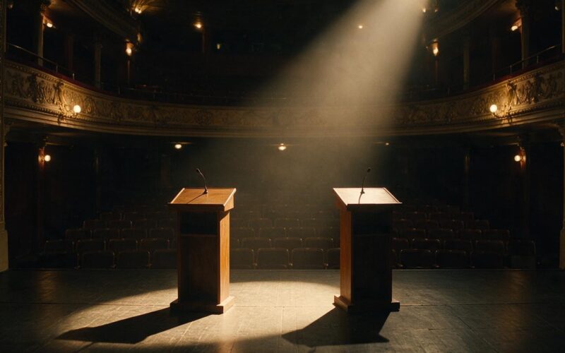 Darline Graham Taiwan debate represented by an empty opera house stage with two lecterns under a single spotlight