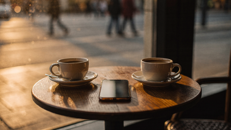 Two coffee cups at a cafe window with a phone face down as people step away from dating apps