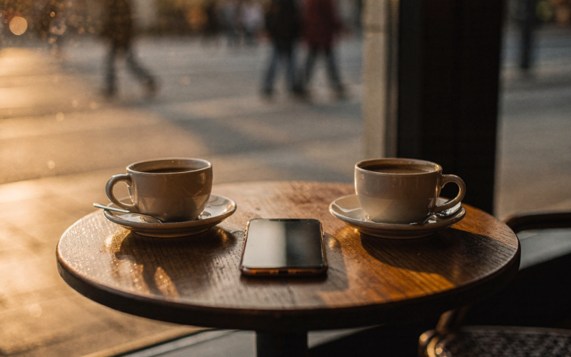 Two coffee cups at a cafe window with a phone face down as people step away from dating apps