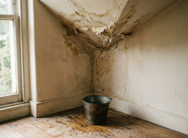 Home maintenance costs illustrated by a water stained ceiling corner with a metal bucket catching a drip on the floor below