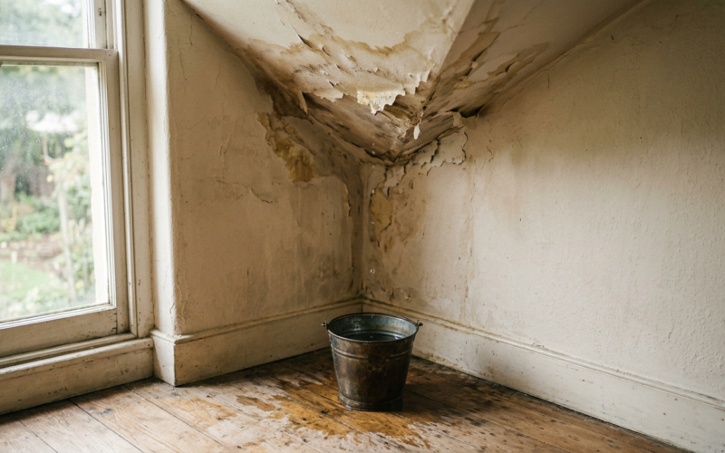 Home maintenance costs illustrated by a water stained ceiling corner with a metal bucket catching a drip on the floor below