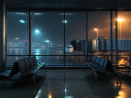 Delta flight cancellations illustrated by an empty airport departure gate at night behind rain streaked glass