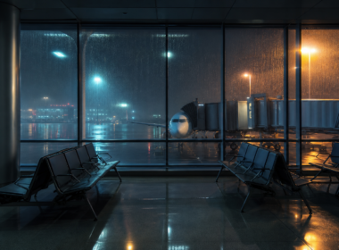 Delta flight cancellations illustrated by an empty airport departure gate at night behind rain streaked glass