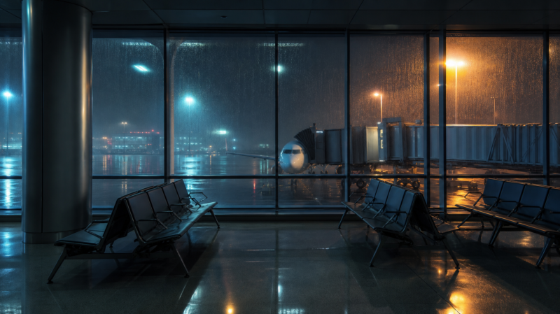 Delta flight cancellations illustrated by an empty airport departure gate at night behind rain streaked glass