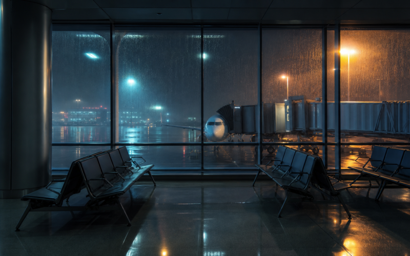Delta flight cancellations illustrated by an empty airport departure gate at night behind rain streaked glass
