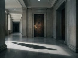 Derek Chauvin petition represented by a heavy closed courtroom door at the end of an empty marble corridor