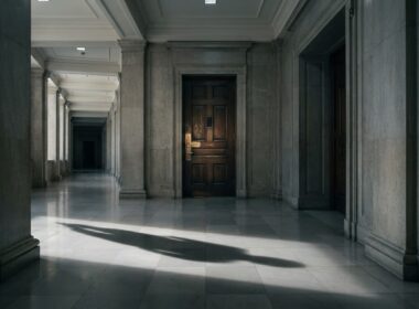 Derek Chauvin petition represented by a heavy closed courtroom door at the end of an empty marble corridor