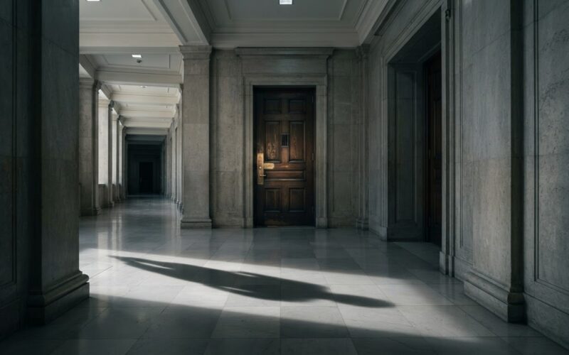 Derek Chauvin petition represented by a heavy closed courtroom door at the end of an empty marble corridor