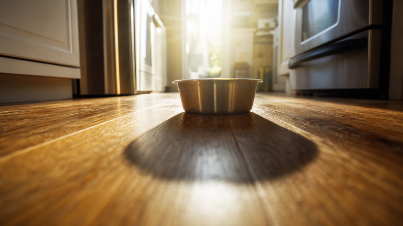 Dog food recall concept, low angle across a kitchen floor toward a backlit empty steel bowl