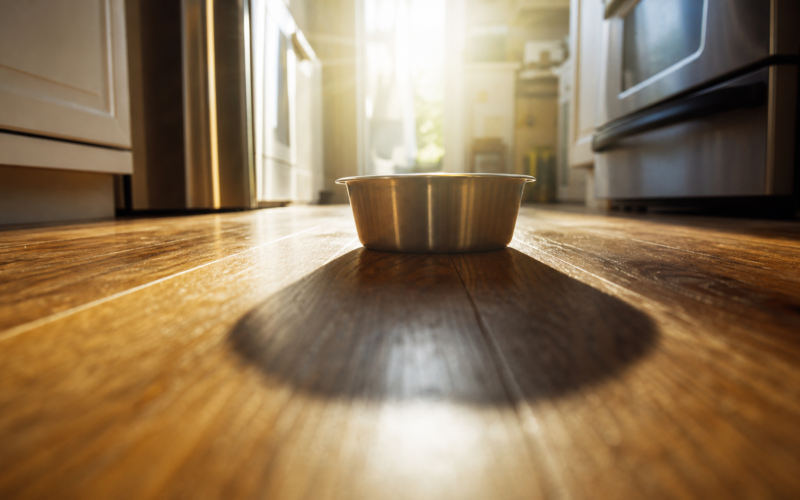 Dog food recall concept, low angle across a kitchen floor toward a backlit empty steel bowl
