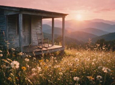 Dolly Parton dead at 80, Appalachian porch at golden hour with an empty rocking chair and blue ridges