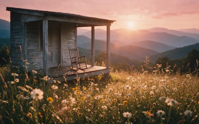 Dolly Parton dead at 80, Appalachian porch at golden hour with an empty rocking chair and blue ridges