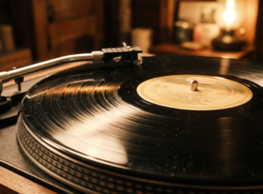 Macro photograph of a vinyl record spinning with the label blurred by motion