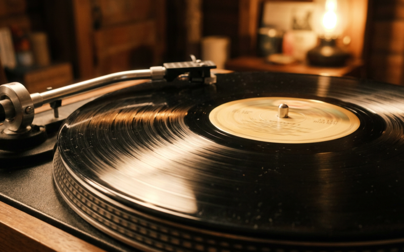 Macro photograph of a vinyl record spinning with the label blurred by motion