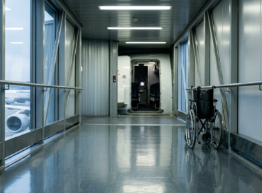 Wheelchair rule enforcement delay illustrated by a folded manual wheelchair parked beside an empty airport jet bridge doorway