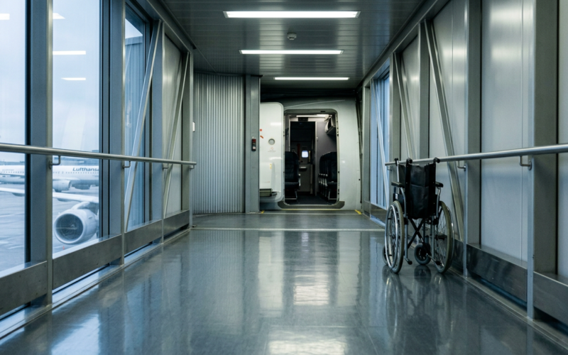 Wheelchair rule enforcement delay illustrated by a folded manual wheelchair parked beside an empty airport jet bridge doorway