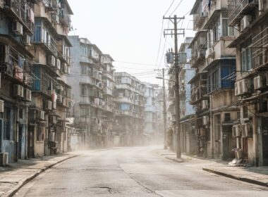 Heat shimmer rising off a sun bleached city street with balcony air conditioners during the East Asia heat wave