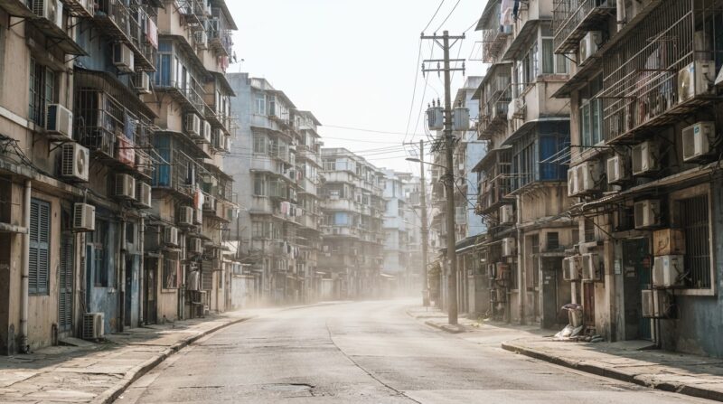 Heat shimmer rising off a sun bleached city street with balcony air conditioners during the East Asia heat wave