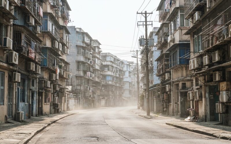 Heat shimmer rising off a sun bleached city street with balcony air conditioners during the East Asia heat wave
