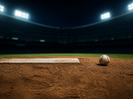 MLB playoff race concept: a baseball on a pitching mound under stadium lights at night