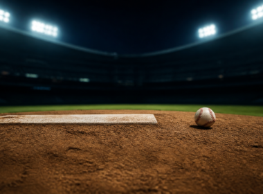 MLB playoff race concept: a baseball on a pitching mound under stadium lights at night