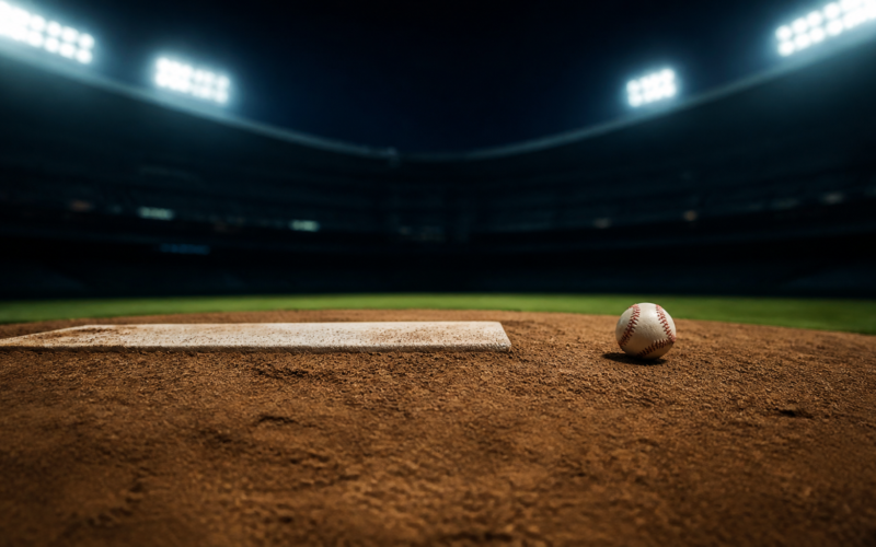 MLB playoff race concept: a baseball on a pitching mound under stadium lights at night