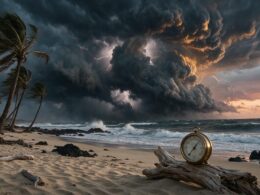Hurricane season concept with storm clouds building offshore over the Pacific, wind bent palms and a brass barometer