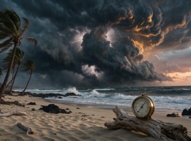 Hurricane season concept with storm clouds building offshore over the Pacific, wind bent palms and a brass barometer