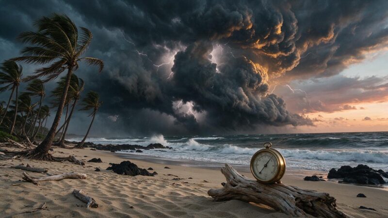 Hurricane season concept with storm clouds building offshore over the Pacific, wind bent palms and a brass barometer