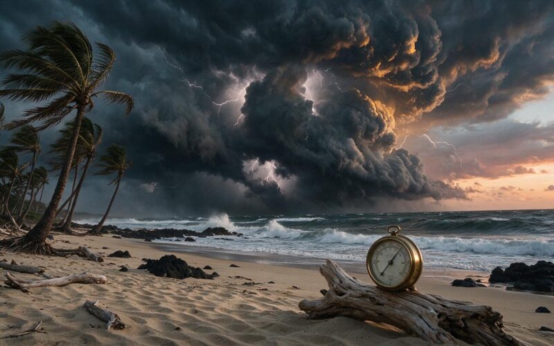 Hurricane season concept with storm clouds building offshore over the Pacific, wind bent palms and a brass barometer