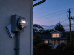 Residential electricity meter on a pale exterior wall at dusk with a folded utility statement tucked behind the conduit, illustrating 2026 electric bill increases