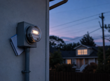 Residential electricity meter on a pale exterior wall at dusk with a folded utility statement tucked behind the conduit, illustrating 2026 electric bill increases