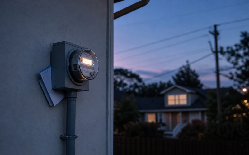 Residential electricity meter on a pale exterior wall at dusk with a folded utility statement tucked behind the conduit, illustrating 2026 electric bill increases