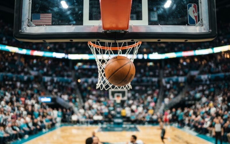 Kanter Freedom Natasha Cloud concept, low angle under a basketball rim in a packed bright arena