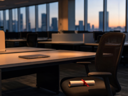 Empty open plan office with a vacant entry level desk and a rolled diploma on the chair, illustrating the entry level jobs decline in 2026