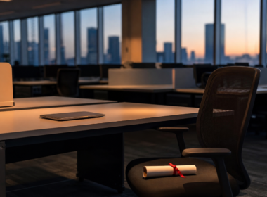 Empty open plan office with a vacant entry level desk and a rolled diploma on the chair, illustrating the entry level jobs decline in 2026