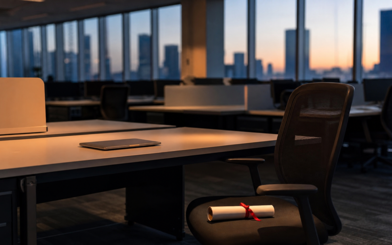 Empty open plan office with a vacant entry level desk and a rolled diploma on the chair, illustrating the entry level jobs decline in 2026