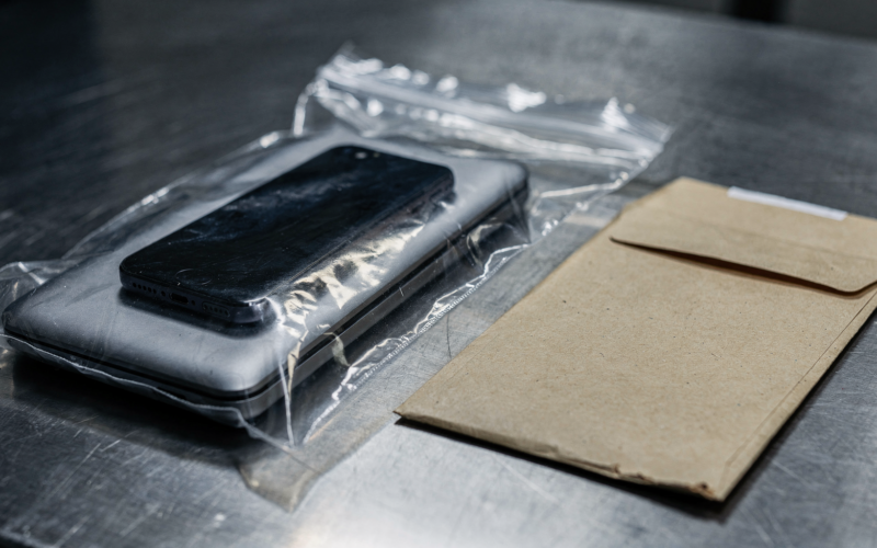 Eric Swalwell FBI devices seized, sealed evidence bag holding a phone and laptop