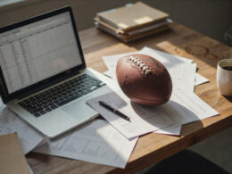 A football on a desk beside a laptop and scattered player stat sheets under warm light
