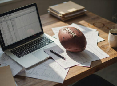 A football on a desk beside a laptop and scattered player stat sheets under warm light
