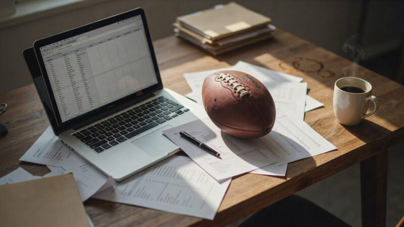 A football on a desk beside a laptop and scattered player stat sheets under warm light