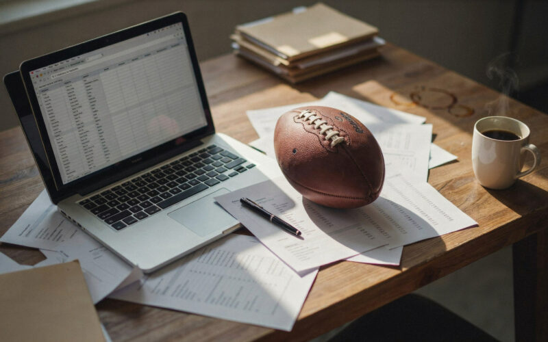 A football on a desk beside a laptop and scattered player stat sheets under warm light