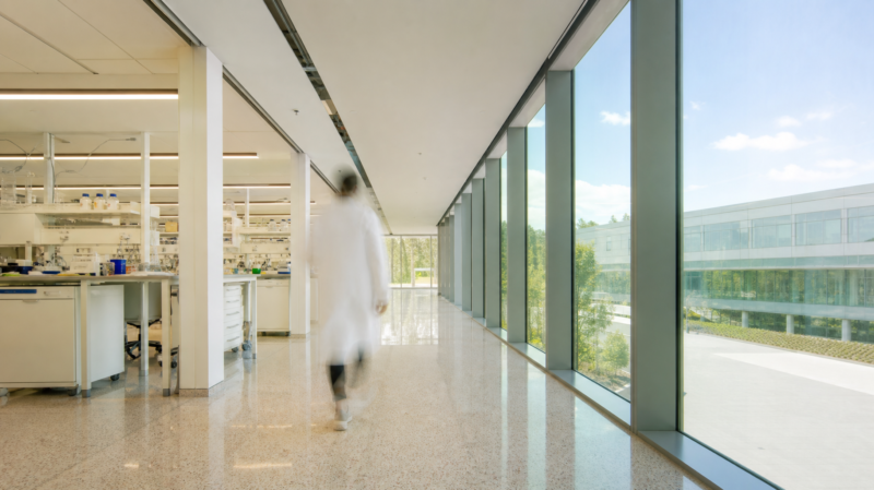 Bright sunlit research laboratory corridor with a motion blurred figure in a white coat walking away